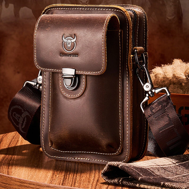 (image for) BULLCAPTAIN Men Casual Waist Bag Belt Purse Genuine Leather Multifunctional Shoulder Messbage Bag Mobile Phone Crossbody Bags Waist Pack